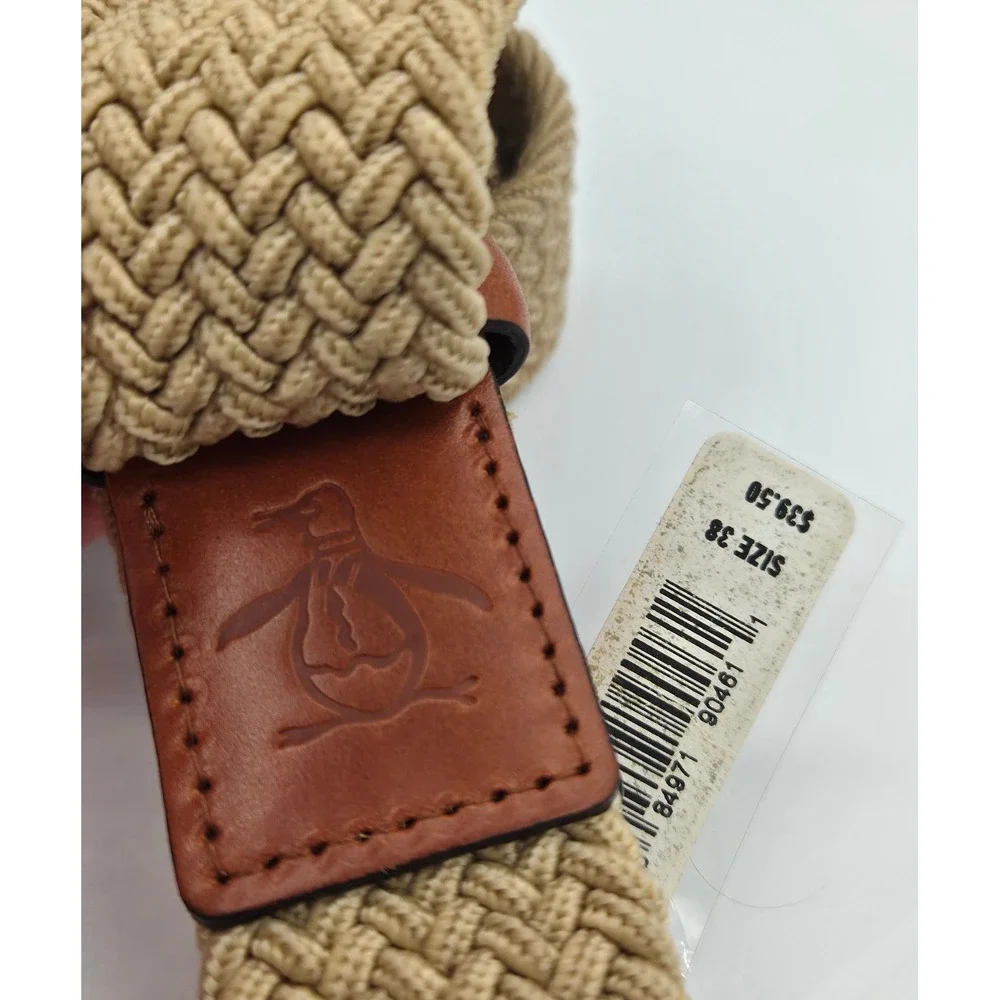 Original Penguin Mens Braided Elastic Stretch Belt Tan Leather Brown Trim Sz 38